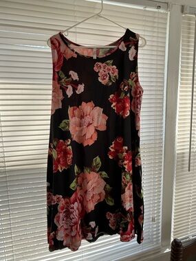 Aura Black Midi Dress with Pink and Red Floral Design